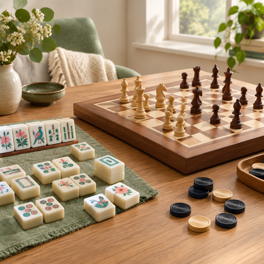 桌游系列封面图：麻将牌、棋盘与跳棋