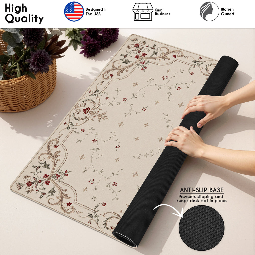 Red Vintage Antique Collection - Floral Print Mahjong Mat for Table - Shipped Rolled