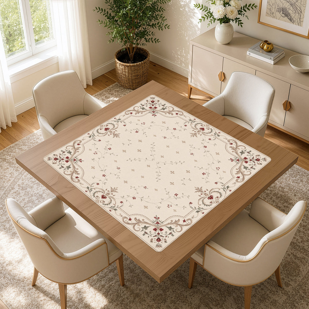 Red Vintage Antique Collection - Floral Print Mahjong Mat for Table - Shipped Rolled