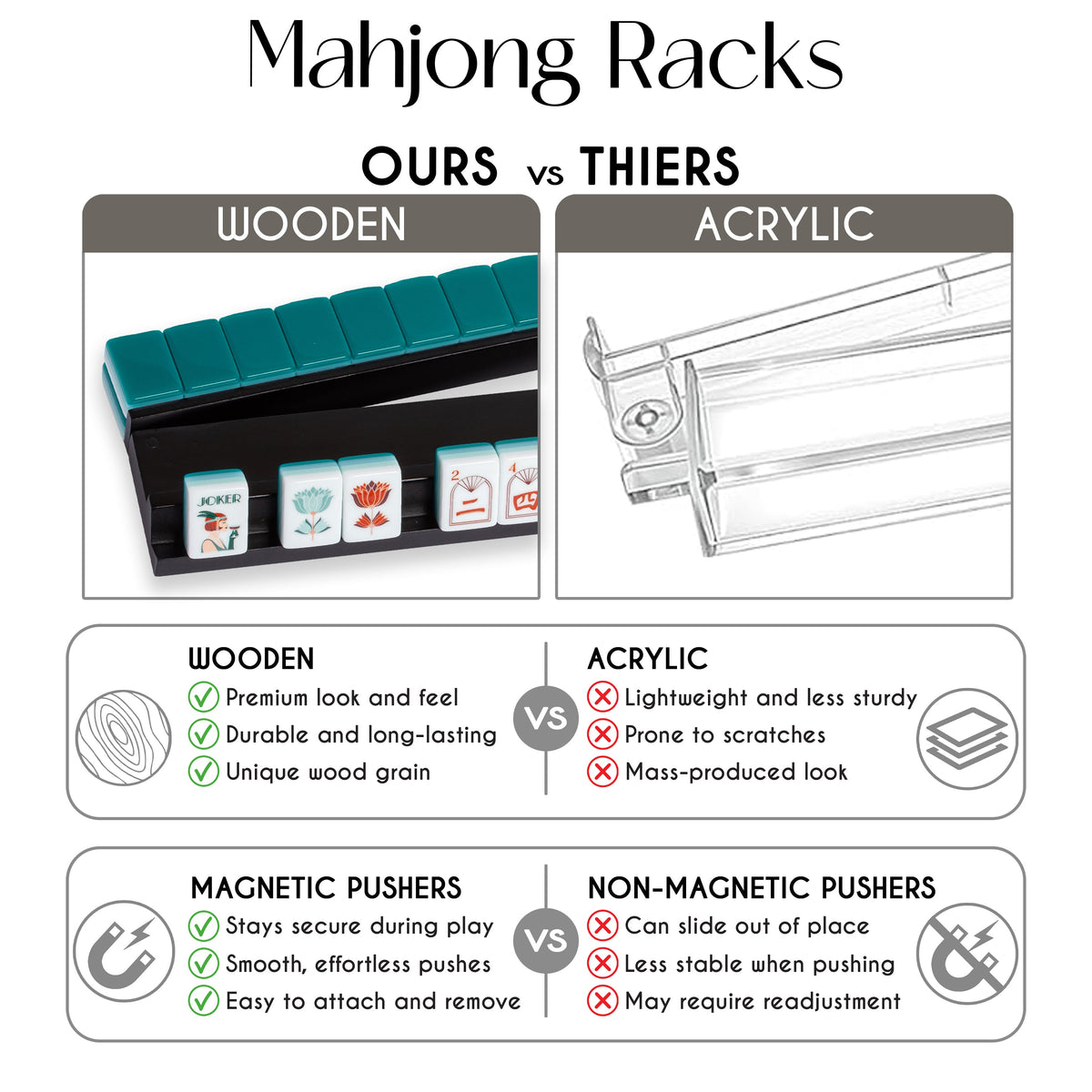 (20in.) Black Wooden Mahjong Racks with Pushers & Travel Bag - Set of 4