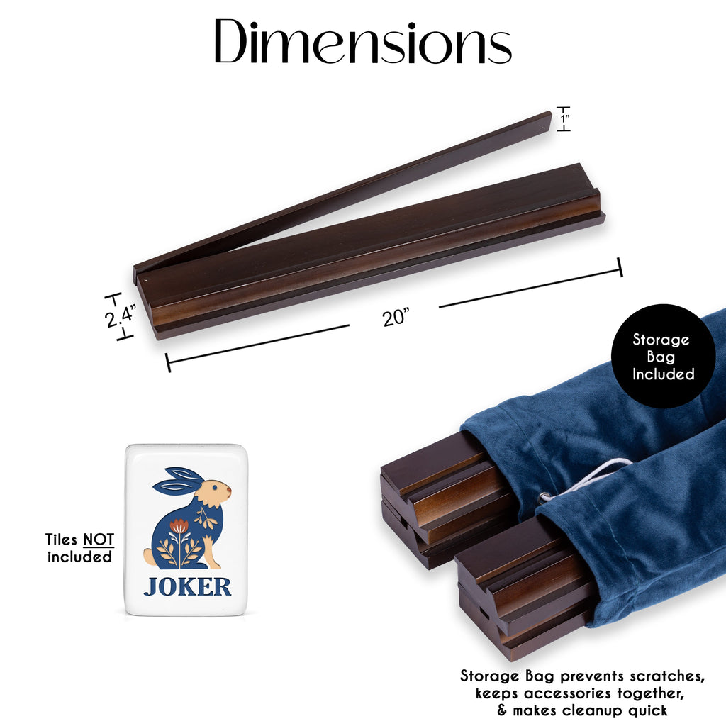 (20in.) Dark Brown Wooden Mahjong Racks with Pushers & Travel Bag - Set of 4