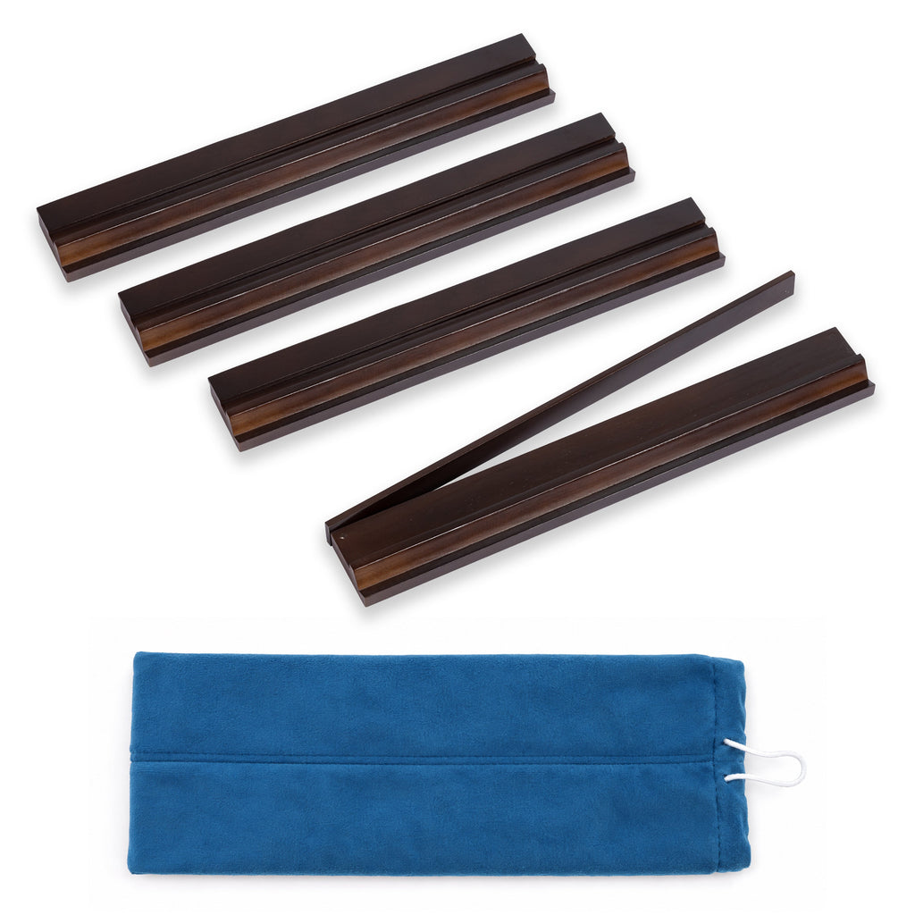 (20in.) Dark Brown Wooden Mahjong Racks with Pushers & Travel Bag - Set of 4