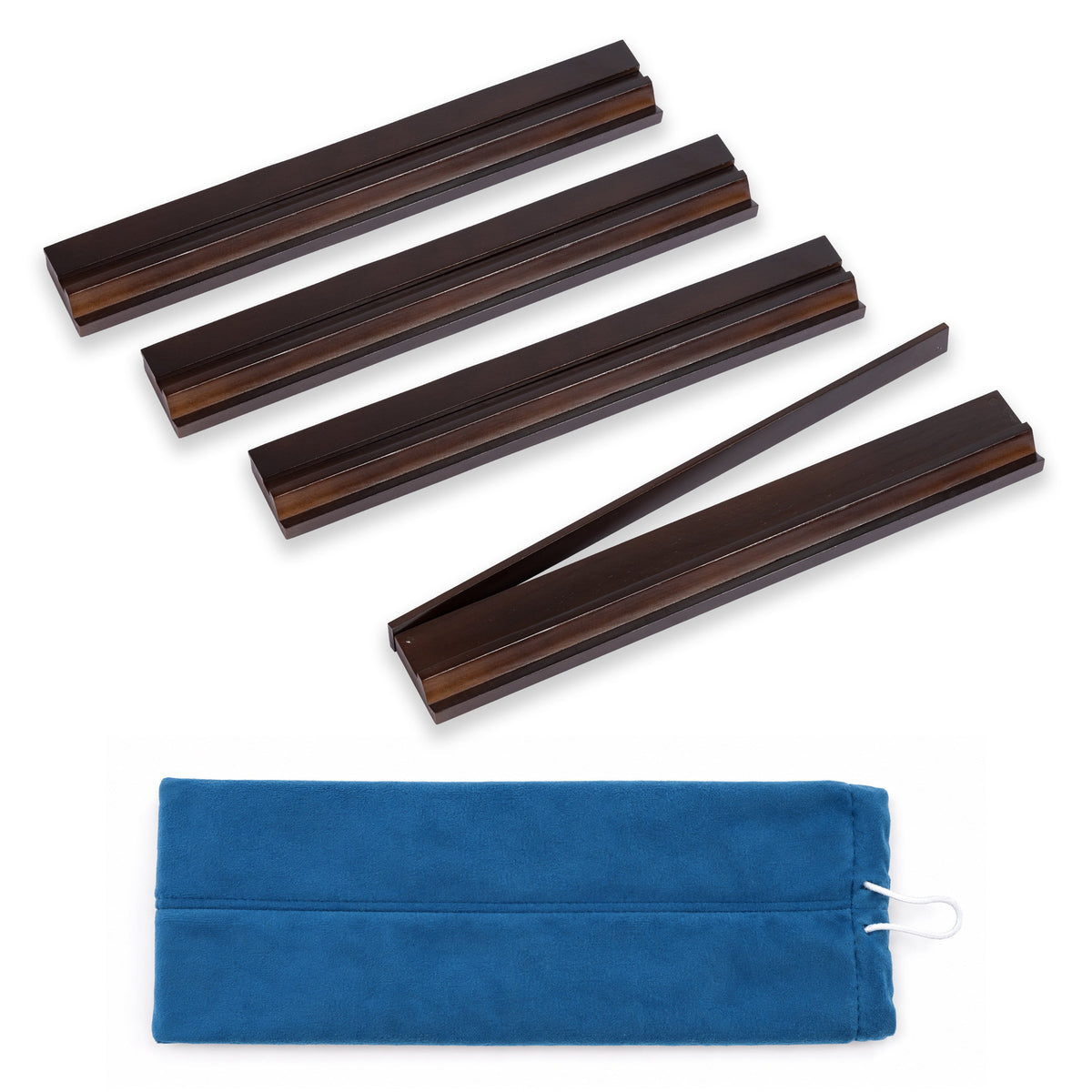 (20in.) Dark Brown Wooden Mahjong Racks with Pushers & Travel Bag - Set of 4