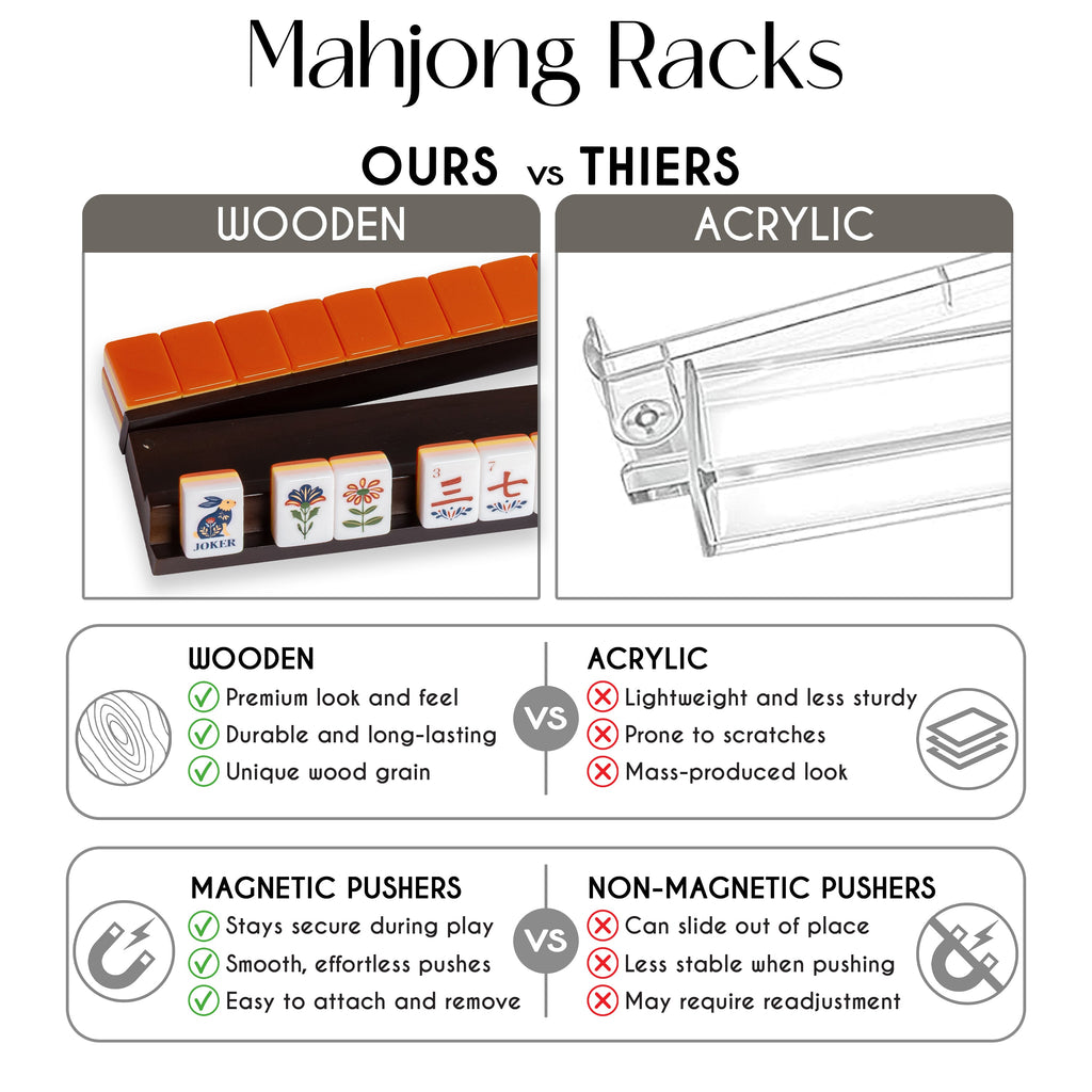 (18in.) Dark Brown Wooden Mahjong Racks with Pushers & Travel Bag - Set of 4