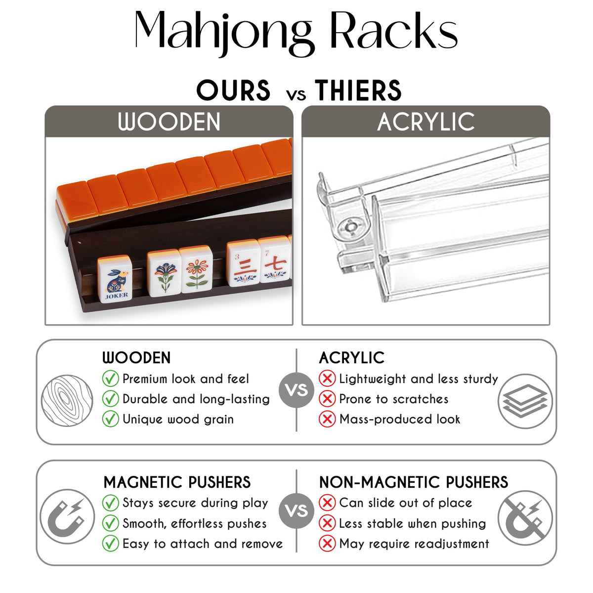 (18in.) Dark Brown Wooden Mahjong Racks with Pushers & Travel Bag - Set of 4