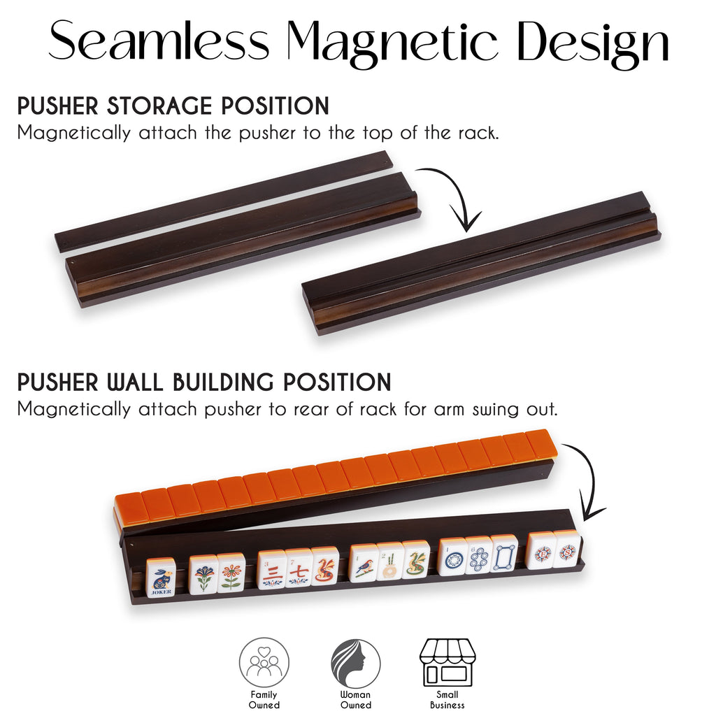 (18in.) Dark Brown Wooden Mahjong Racks with Pushers & Travel Bag - Set of 4