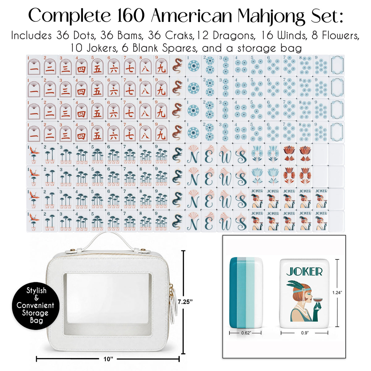Teal Art Deco Collection American Mahjong Tile Set (160pc)