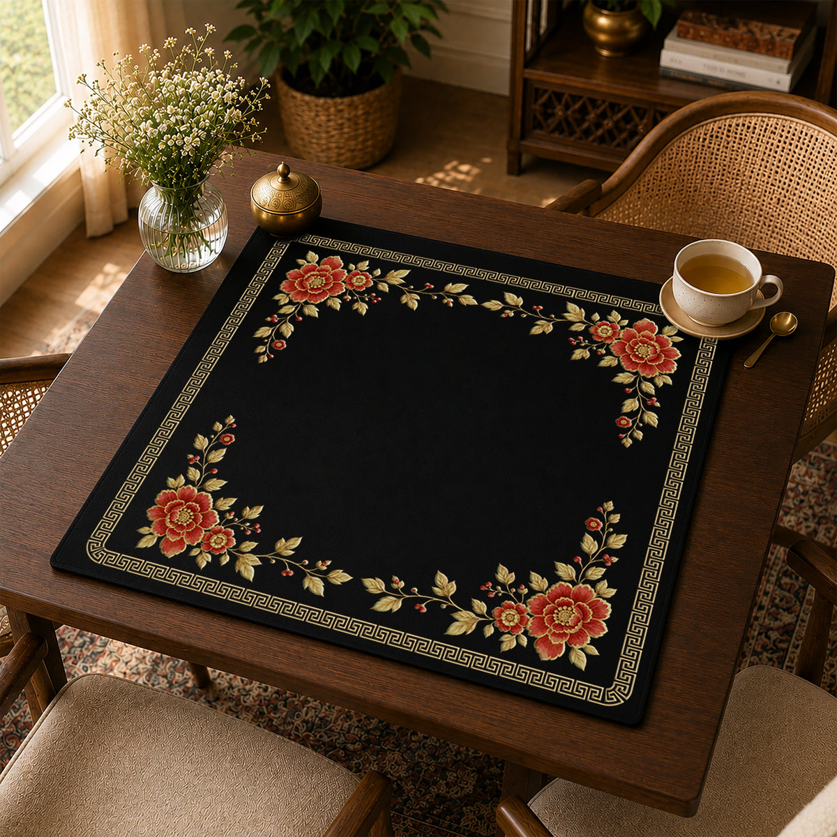 Floral Golden Pearl Collection Mahjong Mat for Table - Shipped Rolled
