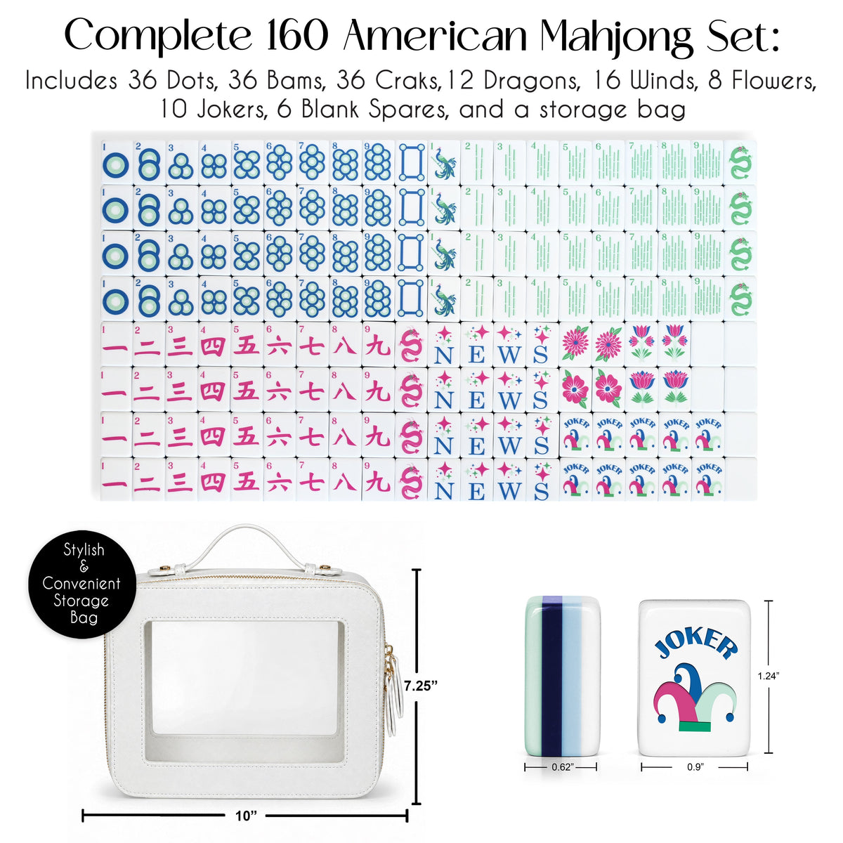 Mint Green Jester Collection American Mahjong Tile Set (160pc)