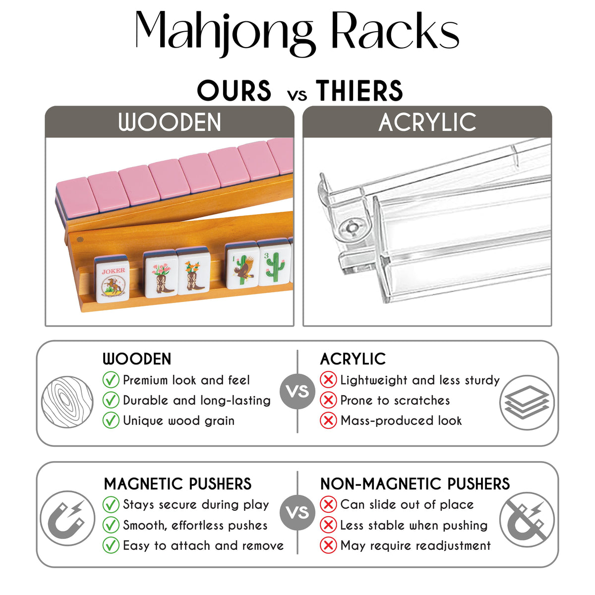 (18in.) Light Brown Wooden Mahjong Racks with Pushers & Travel Bag - Set of 4