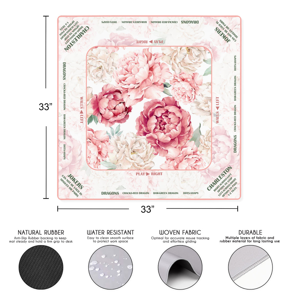 Peony Floral Garden Pink & Ivory Collection Mahjong Mat for Table with Rules - Shipped Rolled