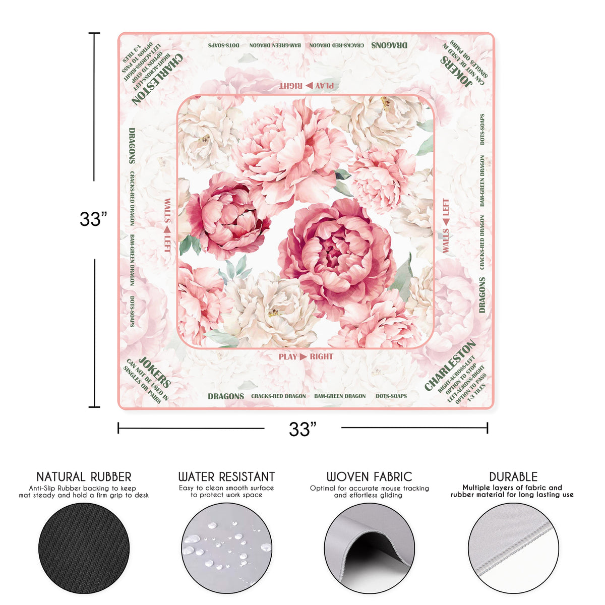 Peony Floral Garden Pink & Ivory Collection Mahjong Mat for Table with Rules - Shipped Rolled