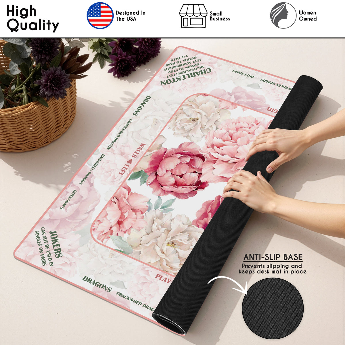 Peony Floral Garden Pink & Ivory Collection Mahjong Mat for Table with Rules - Shipped Rolled