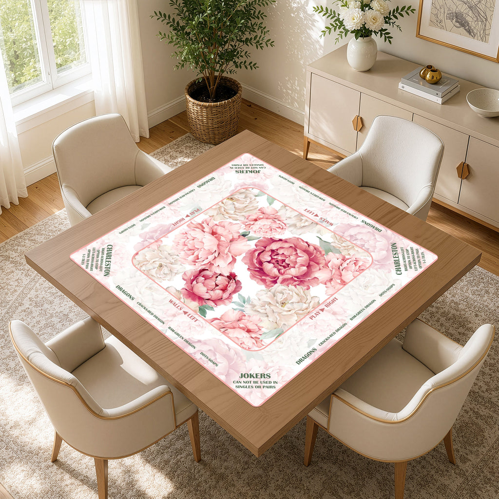 Peony Floral Garden Pink & Ivory Collection Mahjong Mat for Table with Rules - Shipped Rolled