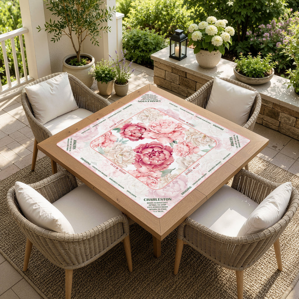 Peony Floral Garden Pink & Ivory Collection Mahjong Mat for Table with Rules - Shipped Rolled