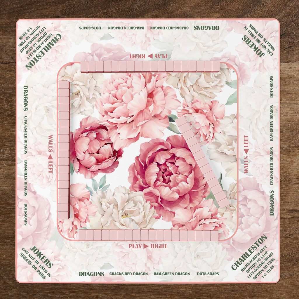 Peony Floral Garden Pink & Ivory Collection Mahjong Mat for Table with Rules - Shipped Rolled