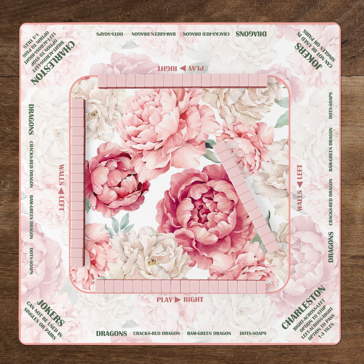 Peony Floral Garden Pink & Ivory Collection Mahjong Mat for Table with Rules - Shipped Rolled