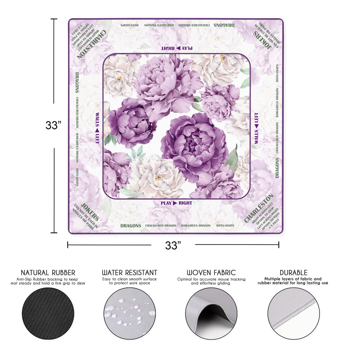 Peony Floral Garden Lavender Purple & Ivory Collection Mahjong Mat for Table with Rules - Shipped Rolled