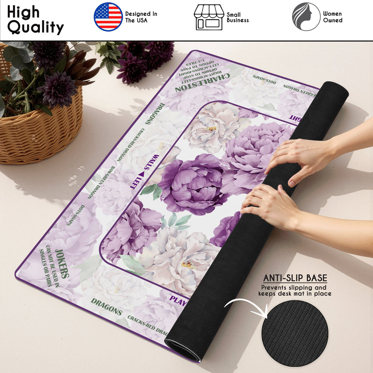 Peony Floral Garden Lavender Purple & Ivory Collection Mahjong Mat for Table with Rules - Shipped Rolled