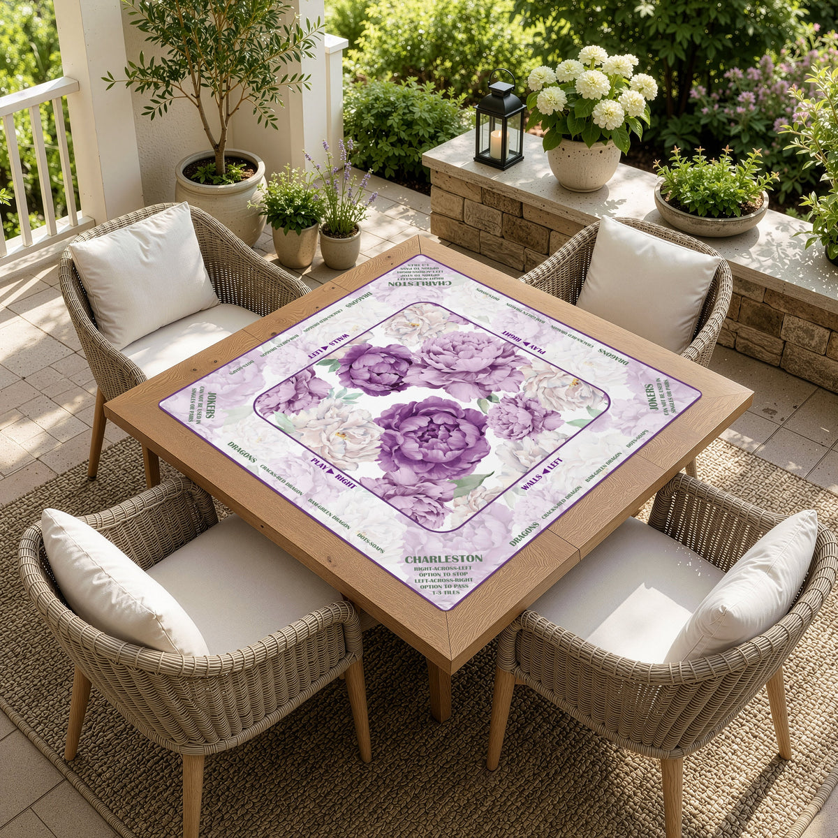 Peony Floral Garden Lavender Purple & Ivory Collection Mahjong Mat for Table with Rules - Shipped Rolled