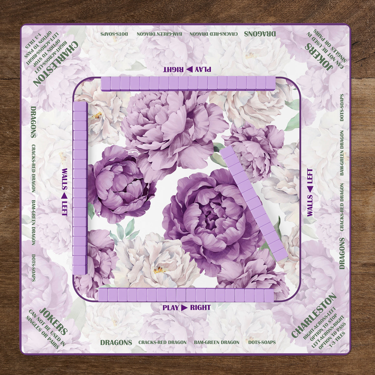 Peony Floral Garden Lavender Purple & Ivory Collection Mahjong Mat for Table with Rules - Shipped Rolled