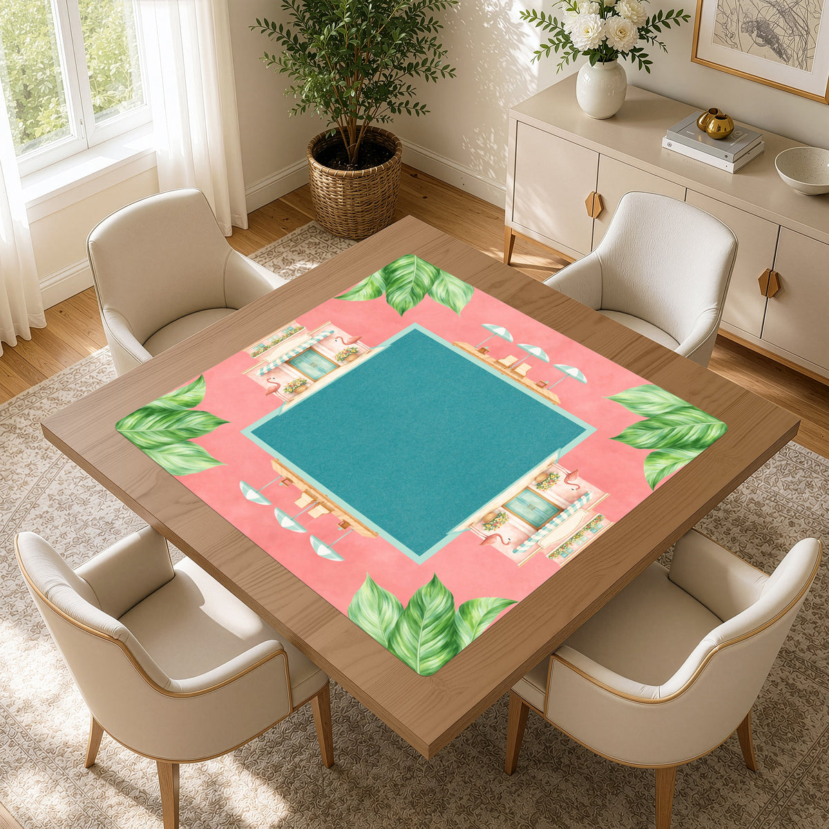 Mint Green Royal Palm Collection Mahjong Mat for Table - Shipped Rolled