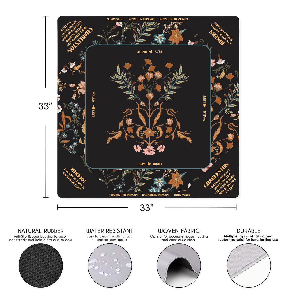 Boho Floral Wildflower Black and Orange Collection Mahjong Mat for Table with Rules - Shipped Rolled