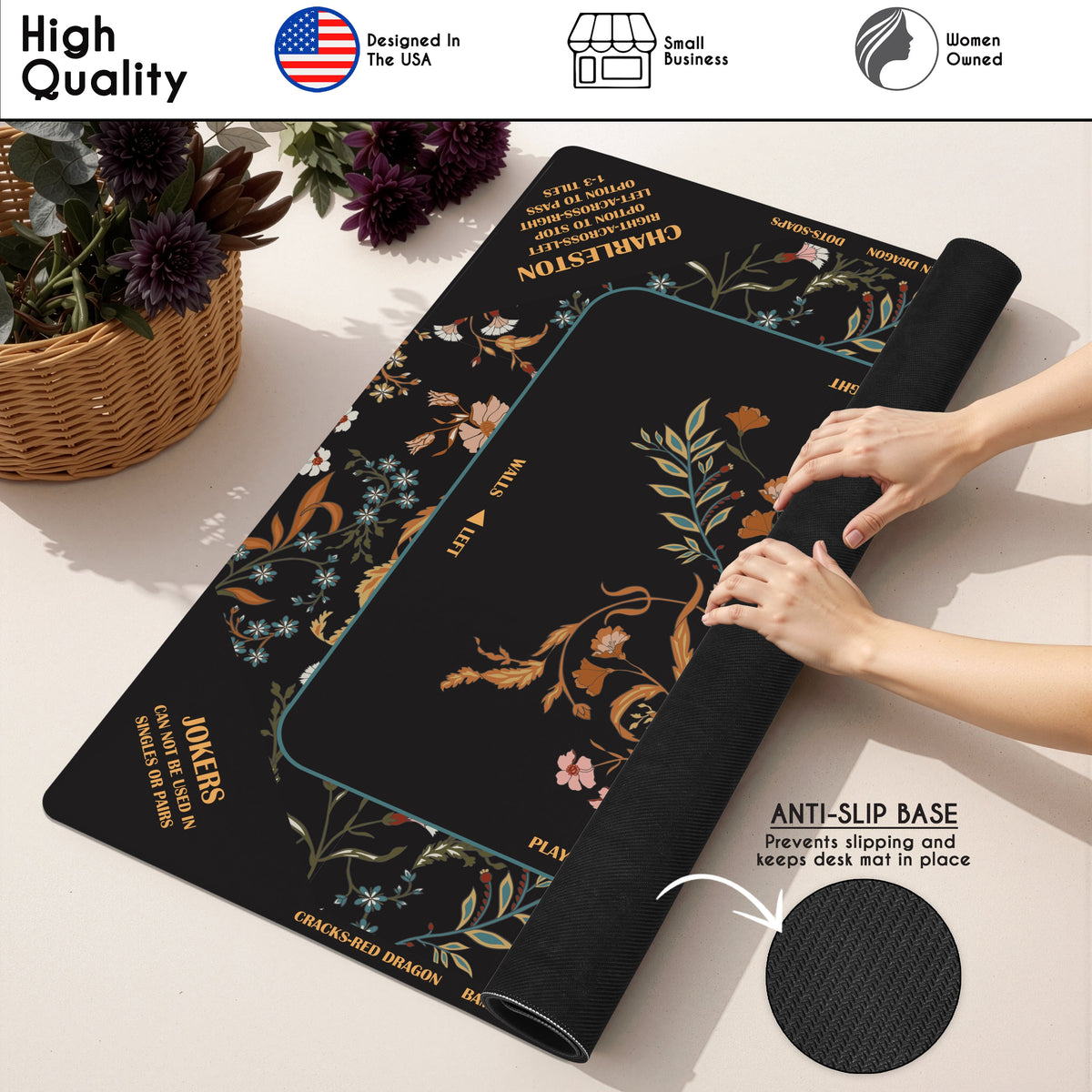Boho Floral Wildflower Black and Orange Collection Mahjong Mat for Table with Rules - Shipped Rolled