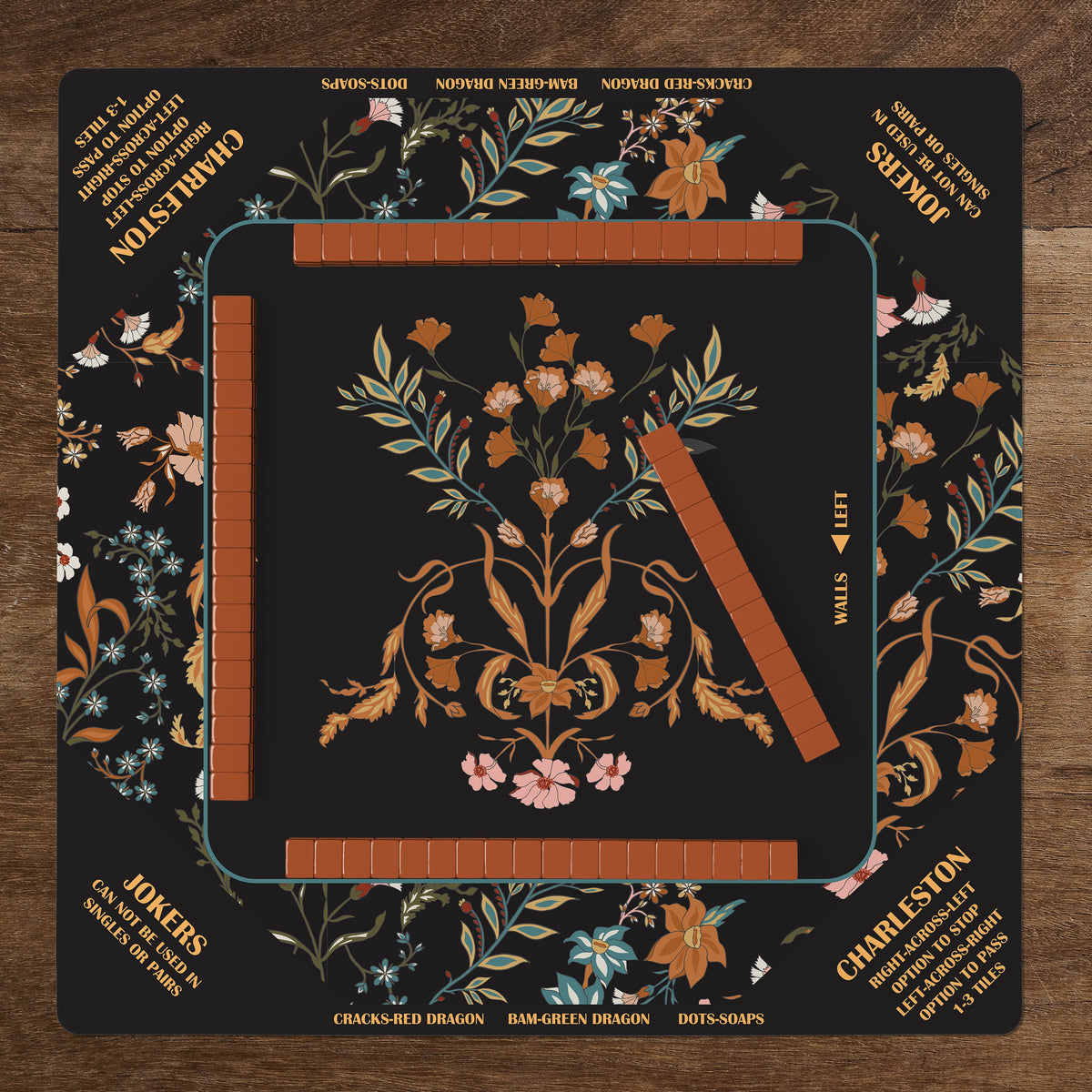 Boho Floral Wildflower Black and Orange Collection Mahjong Mat for Table with Rules - Shipped Rolled